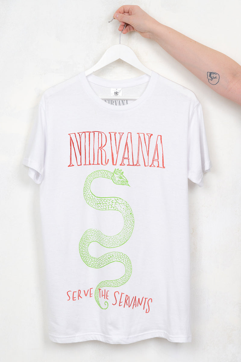Nirvana Serpent Tee - White Nirvana band tee with red outline band logo and green serpent design with red "Serve the Servants" slogan