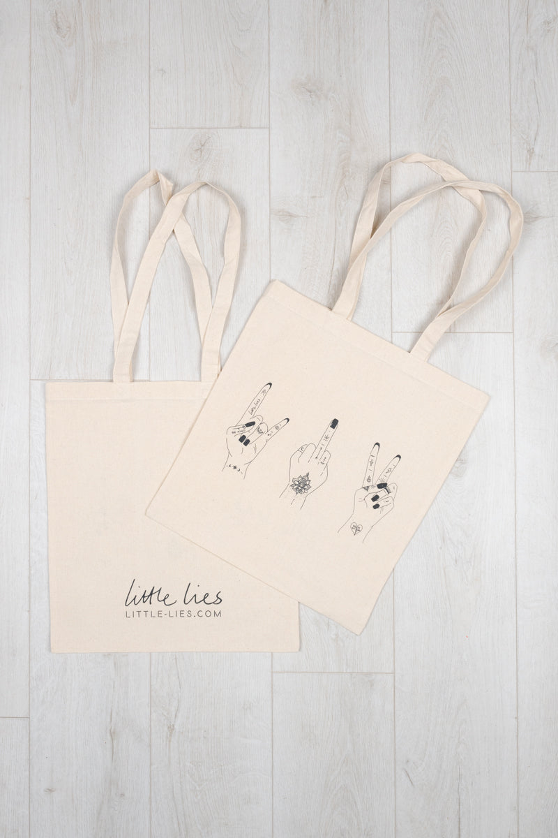Limited Edition Little Lies Tote - 100% Cotton Cream tote bag with Little Lies logo and little lies hand artwork