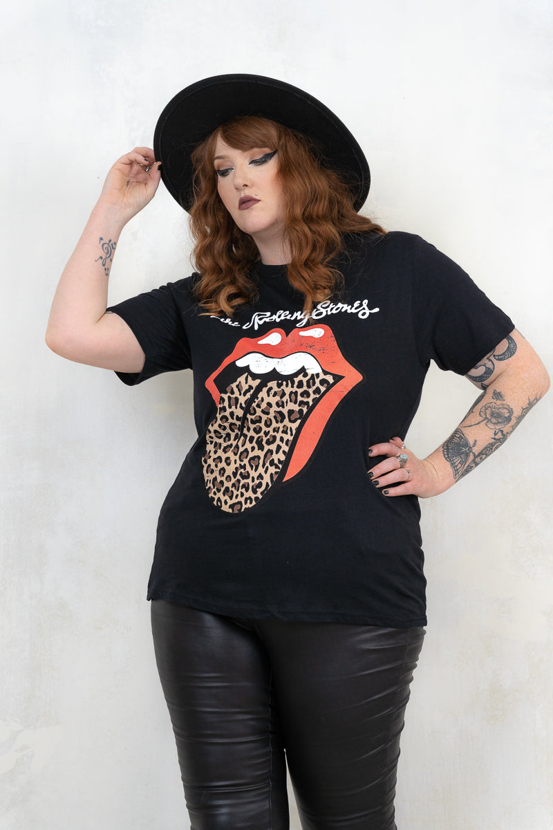 Model wearing Rolling Stones Leopard Tongue Tee - Black Rolling Stones logo with leopard print tongue band tee