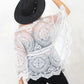 Model wearing Songbird Kimono Sleeve Top - ivory, crochet, kaftan top