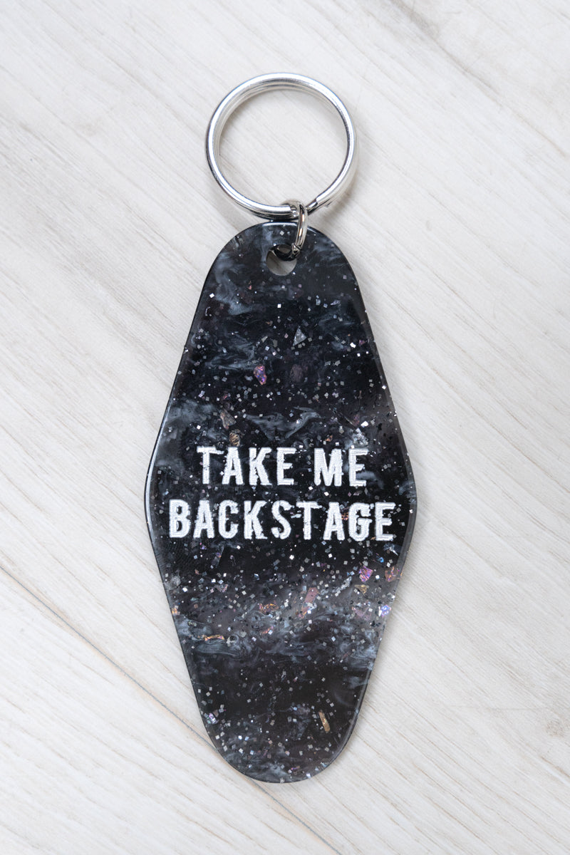 Take Me Backstage Motel Keyring - Grey and Black Glitter Acrylic with silver "Take Me Backstage" Slogan