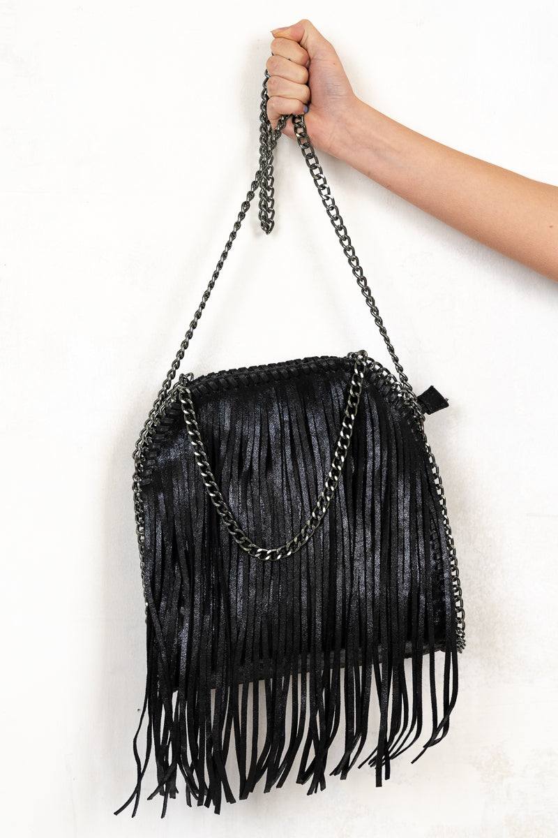 Sienna Black Fringed Bag - Black, 100% PU, fringed bag with gunmetal hardware, chain detailing and Zip closure with short and long strap