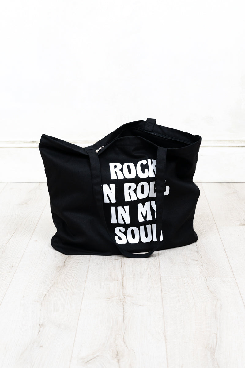 Rock n Roll Tote Bag, Black oversized tote bag with 'Rock 'n Roll In My Soul' graphic print