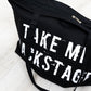 Take Me Backstage Tote Bag, Black oversized tote bag with 'Take Me Backstage' graphic print
