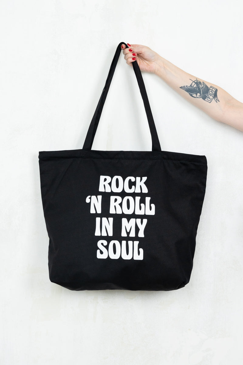 Rock n Roll Tote Bag, Black oversized tote bag with 'Rock 'n Roll In My Soul' graphic print