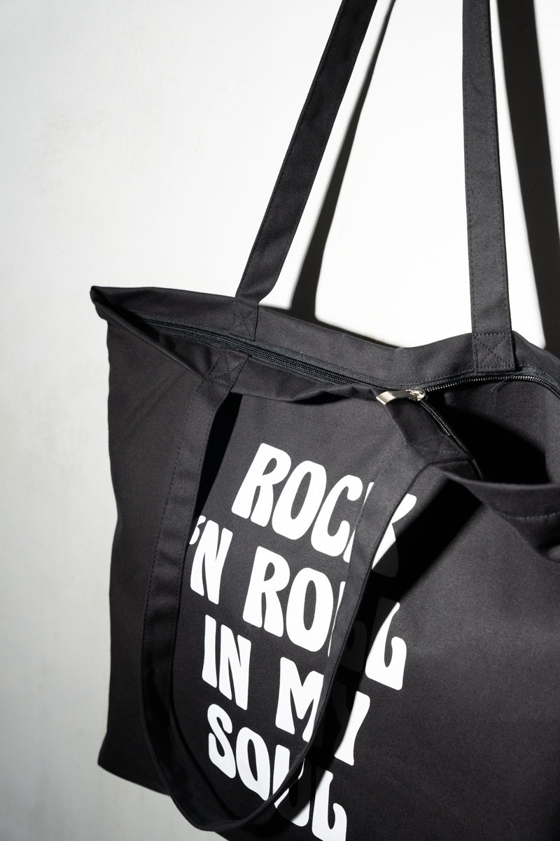 Rock n Roll Tote Bag, Black oversized tote bag with 'Rock 'n Roll In My Soul' graphic print