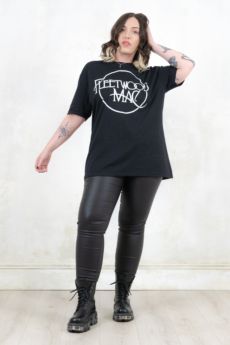 Model wearing Black Fleetwood Mac Classic Logo T-shirt - Black Fleetwood Mac Band Tee with white band logo