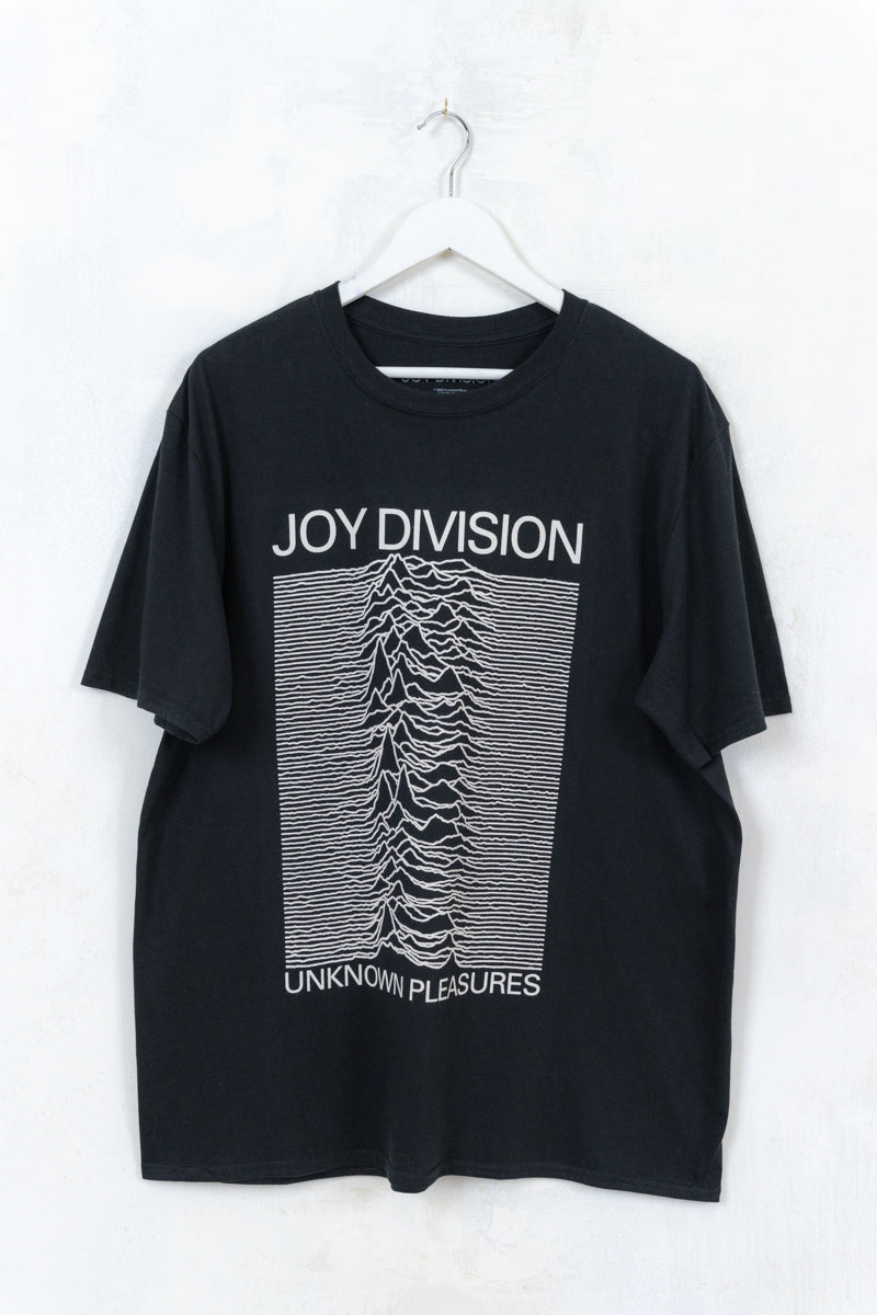 Joy Division Unknown Pleasures Tee - Black Joy Division Tee with white Joy Division Logo and Unknown Pleasures Album Cover design
