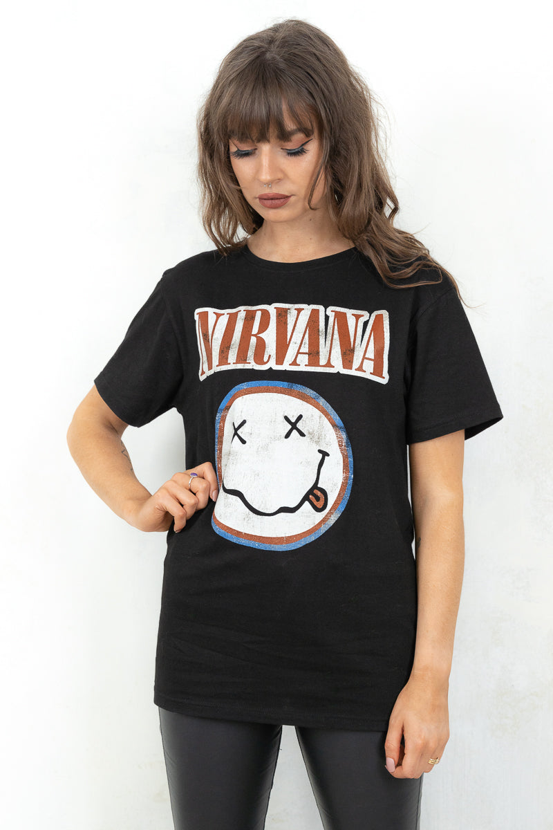 Model wearing Nirvana Tee - Black Nirvana Band Tee with Red, Blue and White Band Smiley Logo