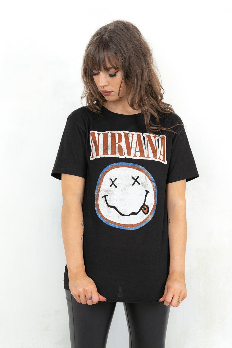 Model wearing Nirvana Tee - Black Nirvana Band Tee with Red, Blue and White Band Smiley Logo 