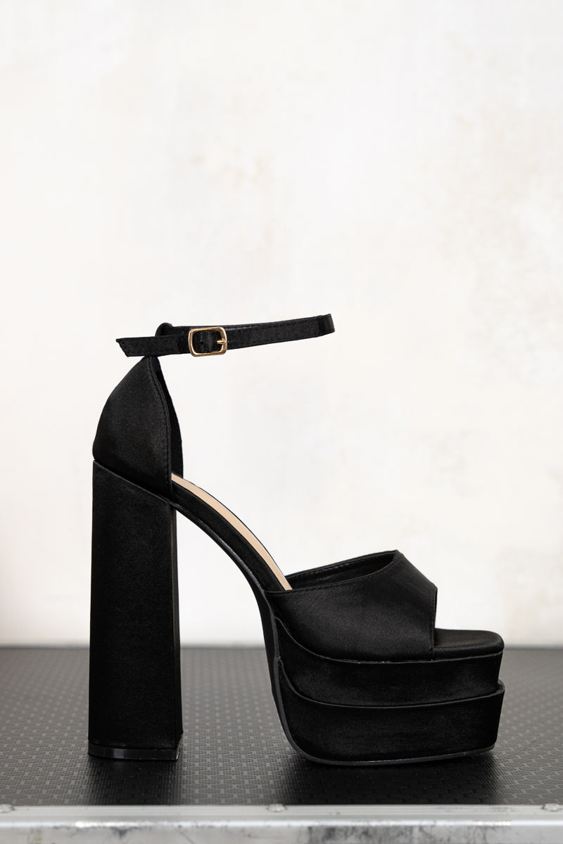 Ace of Spades Platforms - Black sation open toe with double platform sole and block heel