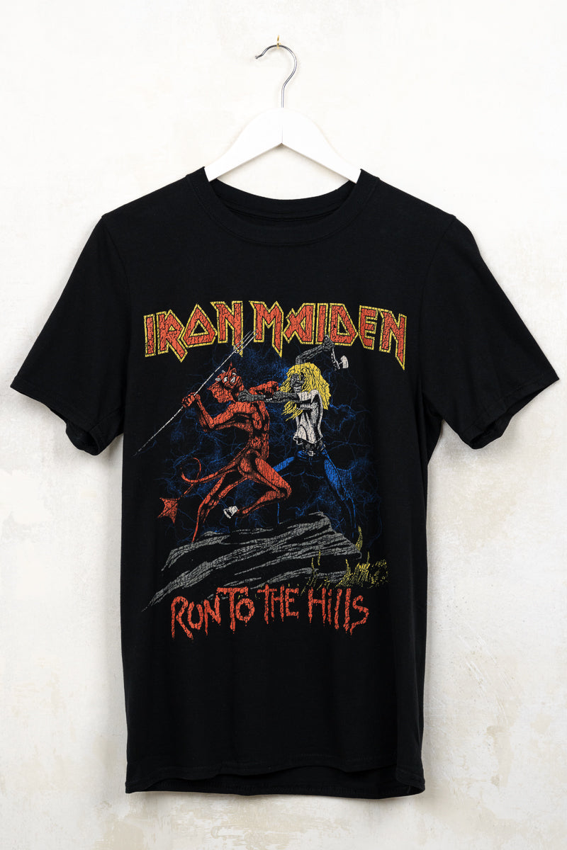 Iron Maiden Run to the Hills Tee- Black Iron Maiden band tee with red and yellow band logo