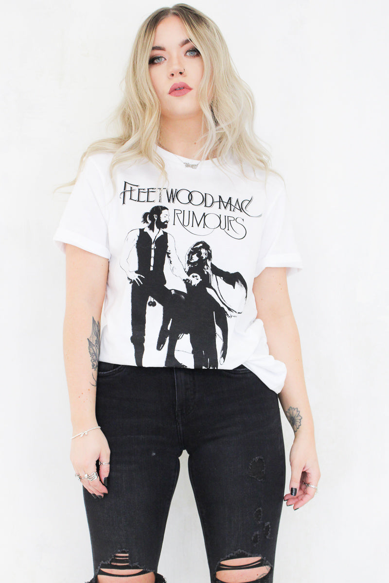 model wearing Fleetwood Mac White Rumours Tee - white colour fleetwood mac rumours album cover band tee