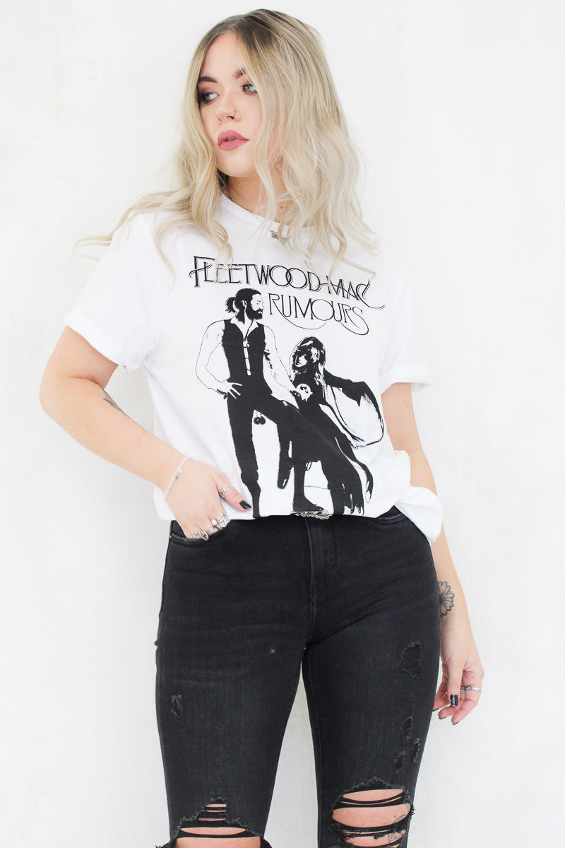 model wearing Fleetwood Mac White Rumours Tee - white colour fleetwood mac rumours album cover band tee