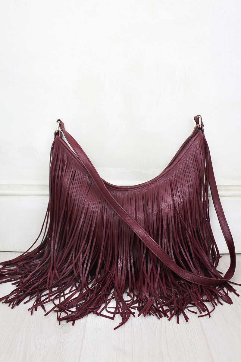 Rhiannon Oxblood Fringed Bag - Oxblood PU Leather Fringed Bag with zip closure and three inside pockets