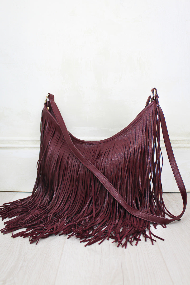 Rhiannon Oxblood Fringed Bag - Oxblood PU Leather Fringed Bag  with zip closure and three inside pockets