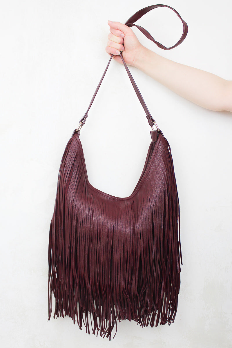 Rhiannon Oxblood Fringed Bag - Oxblood PU Leather Fringed Bag with zip closure and three inside pockets