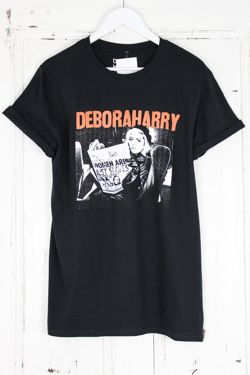 Debbie Harry Slaves Tee - black colour debbie harry tee with red "DEBORAHARRY" slogan with Debbie Harry photo