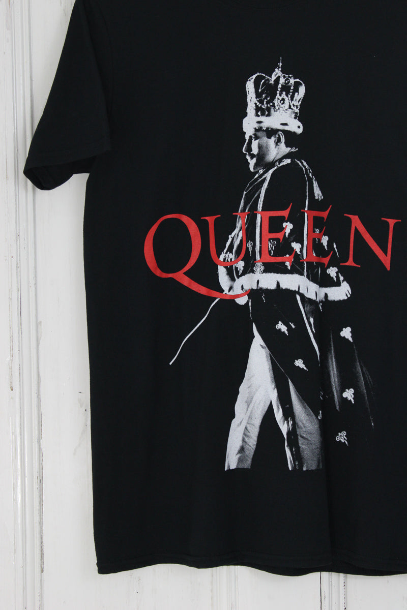 Queen Freddie Mercury Tee - Black Queen Band Tee with Red Queen Logo and Freddie Mercury Portrait