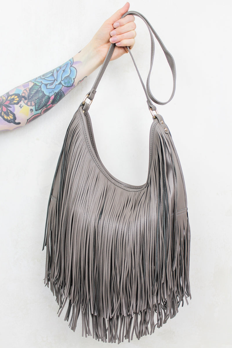 Rhiannon Grey Fringed Bag - grey fringed PU leather bag with zip closure and three inside pockets