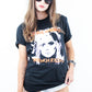 Model wearing Debbie Harry French Kissin' Tee - Black tee with Debbie Harrie Portrait and red "Debbie Harry French Kissin" Slogan