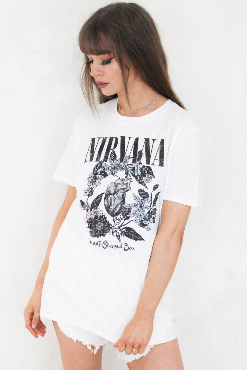 Nirvana Heart Shaped Box Tee - White Nirvana tee with black logo and floral design with "Heart Shaped Box" slogan