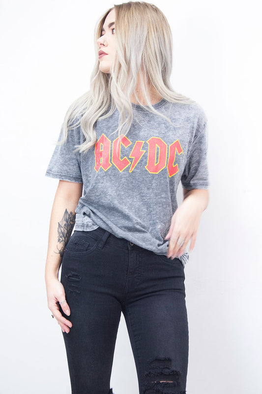 Model wearing AC/DC Grey Marl Tee - Grey AC/DC Marl tee with red and yellow band logo