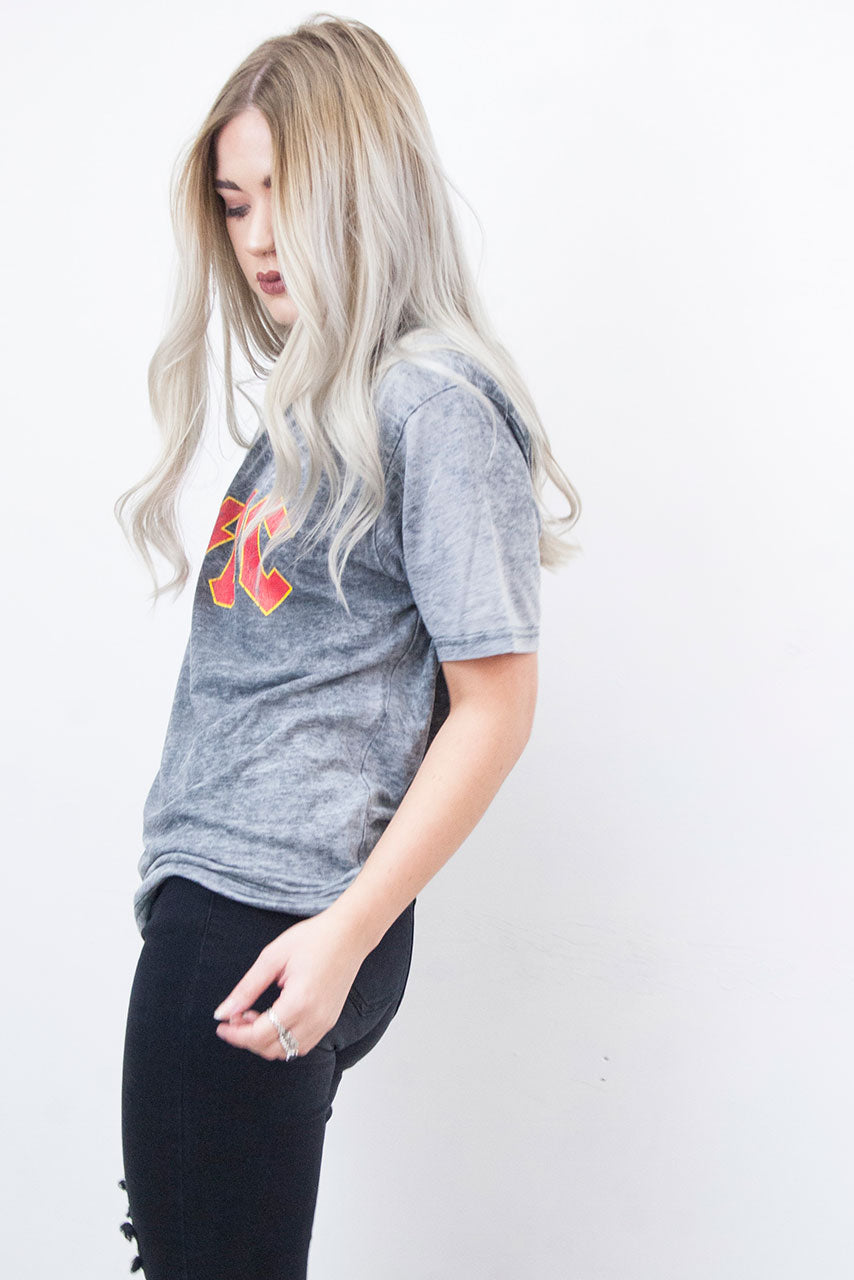 Model wearing AC/DC Grey Marl Tee - Grey AC/DC Marl tee with red and yellow band logo