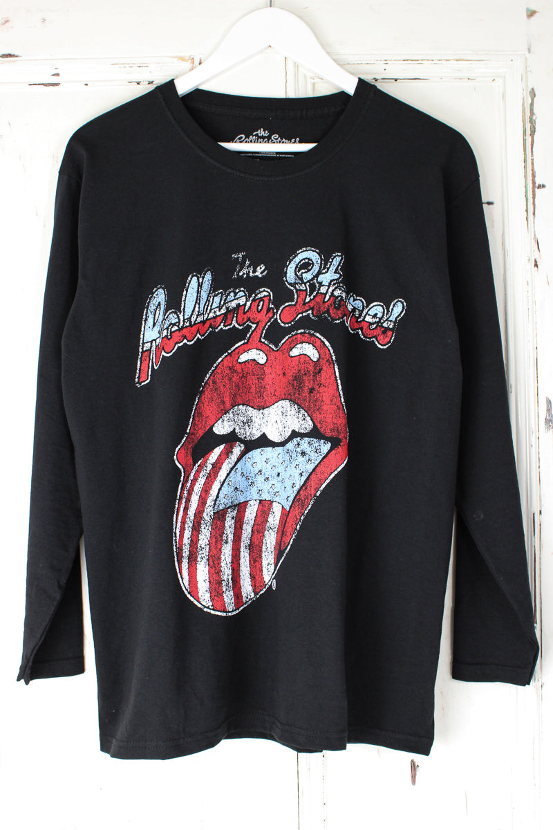 The Rolling Stones '78 Long Sleeve Tee - Black Long Sleeve Rolling Stones Tee with American Flag Print Tongue Design on front and Tour Dates on back
