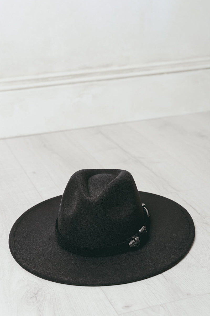 Black Wide Brim Western Buckle Fedora - Black wide brim fedora with silver western buckle hardware