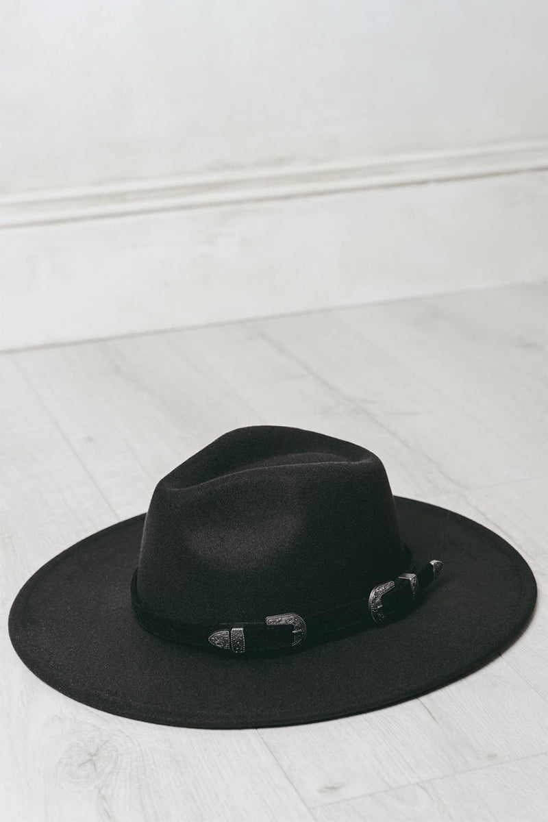 Black Wide Brim Western Buckle Fedora - Black wide brim fedora with silver western buckle hardware