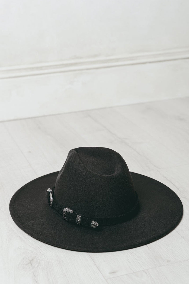 Black Wide Brim Western Buckle Fedora - Black wide brim fedora with silver western buckle hardware