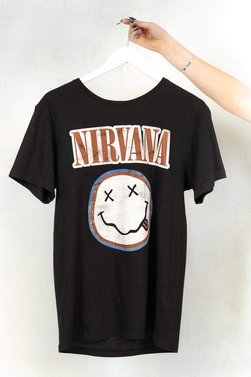 Nirvana Tee - Black Nirvana Band Tee with Red, Blue and White Band Smiley Logo